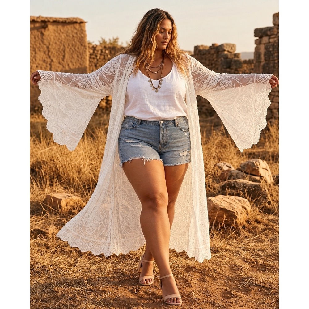 Torrid White Boho Lace Sheer Kimono Duster 3 Bell Sleeve Embroidered Maxi Bridal
